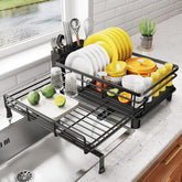 SNTD dish drying rack extendable over sink for organized counter drying.