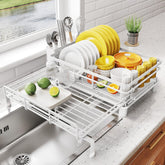 SNTD dish drying rack over-sink extendable, saves counter space while drying dishes.