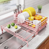 SNTD dish drying rack extends over the sink for clutter-free countertops.