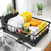 SNTD dish drying rack demonstrates large capacity for compact kitchens, holding plates and bowls.