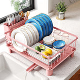 SNTD dish drying rack front view in pink, space-saving for small kitchens.