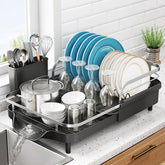 SNTD expandable dish rack showing adjustable width for compact or roomy counters.