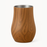 Snute double-wall whiskey glass front view in walnut finish, maintains temperature stylishly.