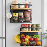 Snuvid WIDER SHELF basket on fridge side keeps spices neatly organized.