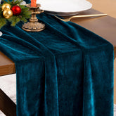 Socomi Peacock Velvet Table Runner in full table setup enhances dining ambiance