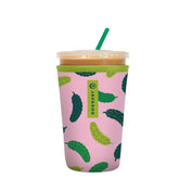 Sok It JavaSok Pickle Me Pink sleeve on a cup keeps drinks cold and hands dry.