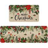 Sonalied Holly Poinsettia kitchen mat front view adds festive vibe to your kitchen.