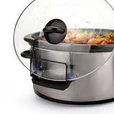 SOPHICO slow cooker lid holder in stainless steel keeps lids stable on the counter.