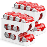 Sotfamily soda can organizer in fridge with gravity-fed rolling for easy access.