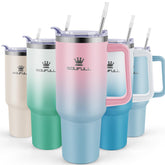 Soufull 40 oz tumbler in pink-blue with handle and straw lid for easy on-the-go sipping.