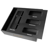 SpaceAid bamboo bag organizer in a drawer with a full four-slot layout.