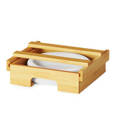 SpaceAid bamboo paper plate dispenser under cabinet keeps 8.5-inch plates neatly organized.