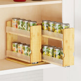 SpaceAid bamboo pull-out spice rack in cabinet for easy spice access.