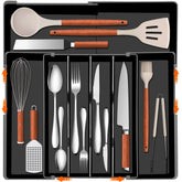 Spaclear expandable large silverware organizer fully extended with roomy compartments for bulky utensils.