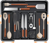 Spaclear large utensil drawer organizer fully expanded fits different kitchen drawers.