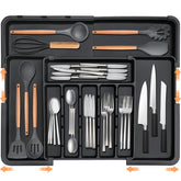 Spaclear silverware organizer fully expanded for maximum storage in deep kitchen drawers.