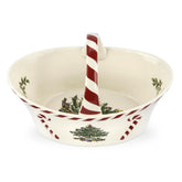 Spode Christmas Tree Candy Basket with peppermint handle on a festive table