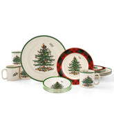 Spode Christmas Tree dinner plates on a festive table.