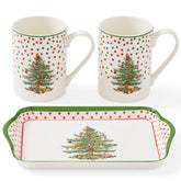Spode Christmas Tree polka-dot mugs with tray ready for festive cocoa.