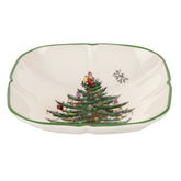 Spode Christmas Tree Sculpted Square Dish 5.5-inch ready for appetizers on a festive table.