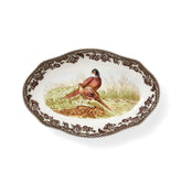 Spode Woodland Pheasant Pickle Dish with brown-border floral scene, ideal for nuts and condiments.
