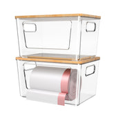 Spospo trash bag holder with bamboo lid shows a stackable design for easy bag access.