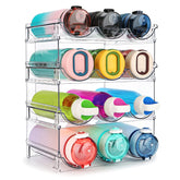 Spospo water bottle organizer in cabinet showing a neat, stackable setup for easy access.