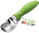 Spring Chef green heavy duty ice cream scoop with handle ready to glide through hard ice cream.