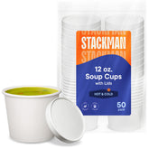 Stack Man 12oz paper container with lid for hot or cold takeout soups.