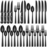 Stapava 24pc black silverware set with dinner knives—durable, mirror-finish steel.
