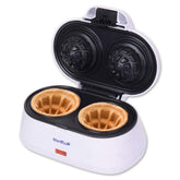 StarBlue Double Waffle Bowl Maker showing two waffles cooking at once for quick meals