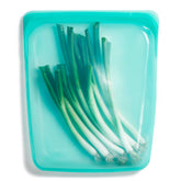 Stasher half-gallon bag Aqua, front view, leak-free reusable storage for meals.