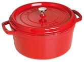 STAUB 7-qt cocotte body in cherry finish for even heat and tender results.