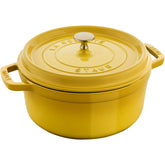 Staub cast iron 4-qt round oven citron closed lid preserves moisture for braises.