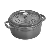 Staub graphite grey Dutch oven 4qt front view shows even heat and durable enamel.