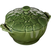 STAUB Petite Artichoke Cocotte Basil front view, elegant oven-to-table presentation