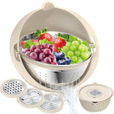 Stockpot 4-1 colander with 360° rotating strainer for quick, spill-free draining.