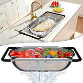 StockPot over the sink colander with expandable fit for many sinks, enabling easy hands-free draining