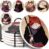 Straight Coastin Ninja Cat Coasters set protects surfaces with playful ninja-cat design.