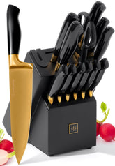 STYLED SETTINGS black-gold knife set displayed on a block for quick, elegant meal prep