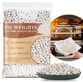 Sukh pie weights ceramic beads close-up for flat crust support.