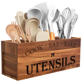 Suli Acacia Wood Utensil Holder with four compartments keeps kitchen tools neatly within reach.