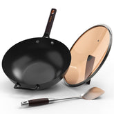 SUMEIGUAN 13.5 inch carbon steel wok with lid ready for authentic stir-fry cooking