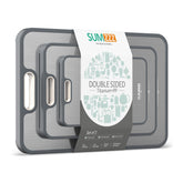 Sumzzz titanium cutting board top view, two-sided design for raw and cooked separation.