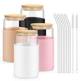 Sungwoo clear glass cups with lids and straws for hot or cold drinks.