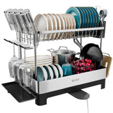 SUNLY 2-Tier Dish Drying Rack with extendable drain spout on a kitchen counter