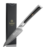 Sunnecko paring knife with Damascus blade shows pattern and precise fruit slicing.