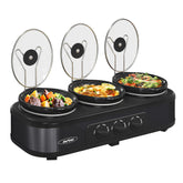 SUNVIVI triple slow cooker buffet setup for versatile three-dish serving.