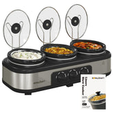 Sunvivi triple slow cooker buffet setup for serving multiple dishes.