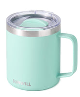 SUNWILL insulated mug front view with mint finish and ergonomic handle.